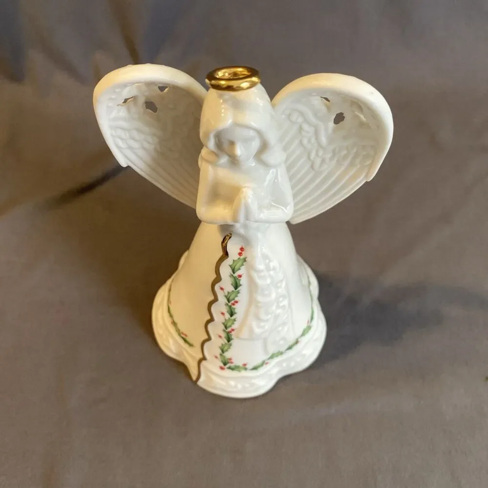 Lenox White Porcelain Christmas Praying Angel Bell Holly Berry & Gold Accent 6”